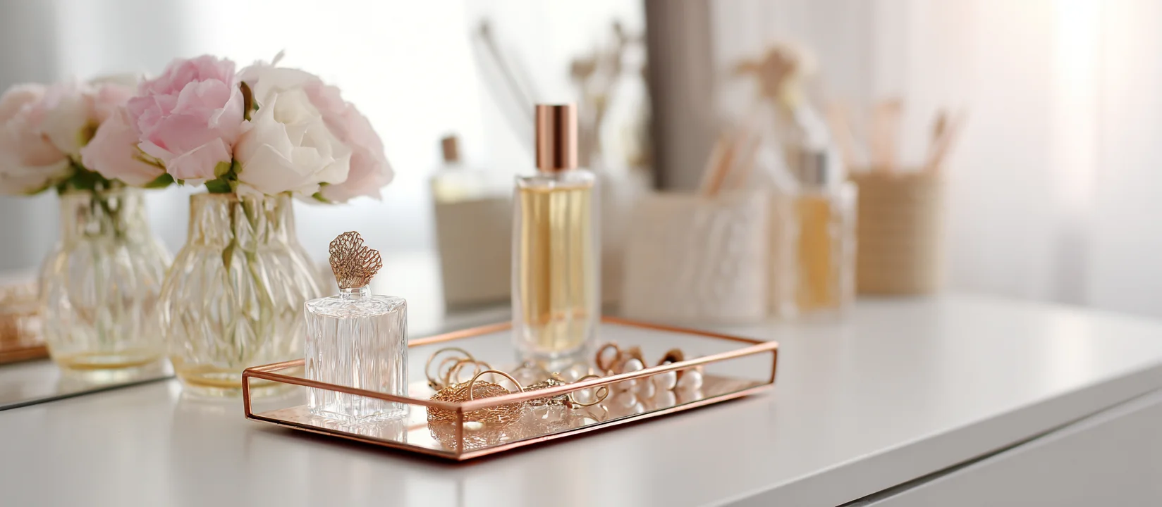 A gold minimalist jewelry tray with trays for decorating, holding perfume and jewelry on a white dresser.